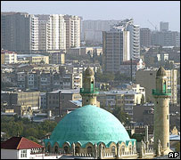 Baku skyline, mosque in foreground
