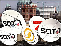 Logos of German cable/satellite TV stations on rooftop dishes 