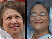 Bangladeshi party leaders Begum Khaleda Zia (left) and Sheikh   Hasina