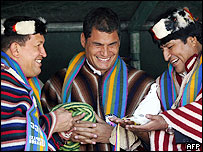 Ecuadore's President Rafael Correa with his Venezuelan and   
Bolivian counterparts