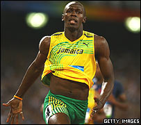Bolt crossing the line in Men's 100m Final in Beijing 2008