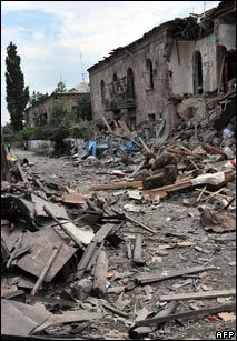 Bomb damage in the Georgian city of Gori after a Russian air raid   in August 2008